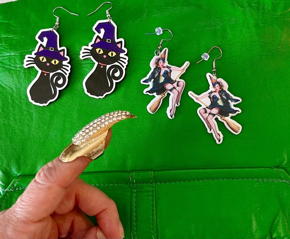 Retro Pin-Up Witch Earrings, Cat Earrings & Rhinestone Nail Ring